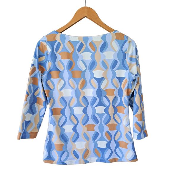 J McLaughlin Blue & Tan Wavesong Tee Top Size Small 3/4 Sleeve Catalina Fall - Picture 7 of 7